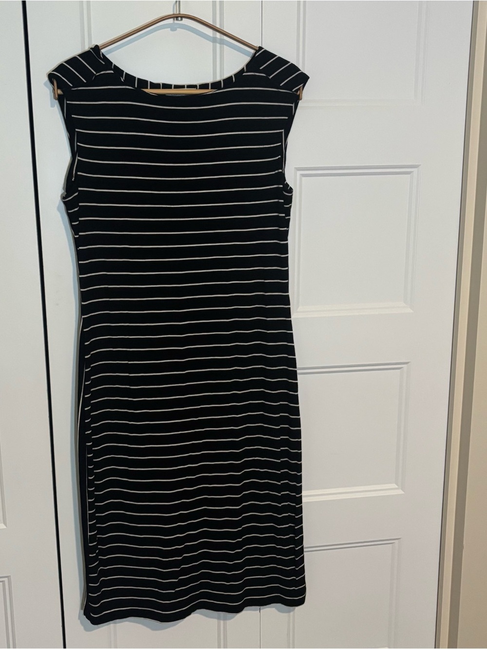 Calvin Klein Black and White Vertical Pinstripe Cap-Sleeve Sheath Dress
